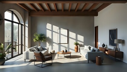 modern japandi loft 3d interior with geometric wall art and minimalist furniture in raw natural materials and clean lines