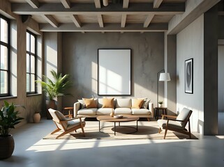 modern japandi loft 3d interior with geometric wall art and minimalist furniture in raw natural materials and clean lines