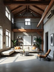 modern japandi loft 3d interior with geometric wall art and minimalist furniture in raw natural materials and clean lines