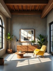 modern japandi loft 3d interior with geometric wall art and minimalist furniture in raw natural materials and clean lines
