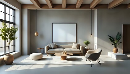 modern japandi loft 3d interior with geometric wall art and minimalist furniture in raw natural materials and clean lines