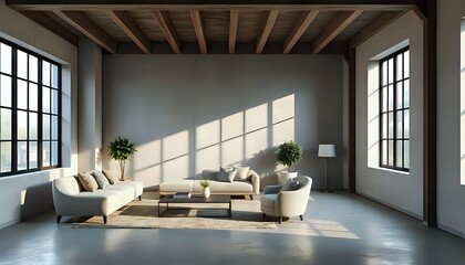 modern japandi loft 3d interior with geometric wall art and minimalist furniture in raw natural materials and clean lines
