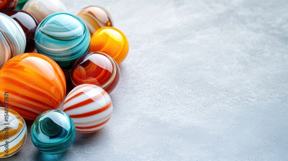 Poster a captivating collection of colorful glass marbles scattered on a textured surface, offering a playf