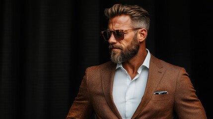 A well-dressed man in a brown suit and sunglasses showcases confidence and style, perfectly capturing modern fashion trends with an elegant and sharp look.