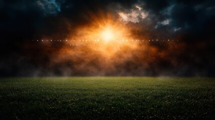 A haunting sunset casts an orange glow over a sports field, creating a dramatic atmosphere filled with anticipation and energy, perfect for capturing the competitive spirit.