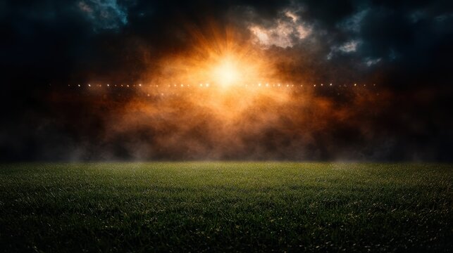 A haunting sunset casts an orange glow over a sports field, creating a dramatic atmosphere filled with anticipation and energy, perfect for capturing the competitive spirit.