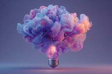 Vibrant clouds of smoke in shades of pink, purple, and blue emanate from a light bulb. The background is softly lit, enhancing the dreamy atmosphere of creativity and innovation.