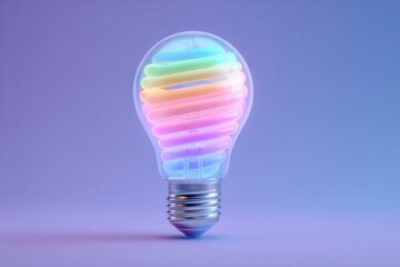A vibrant, spiral-shaped light bulb emits a soft glow with pastel colors. It stands on a smooth surface, surrounded by a calming pastel gradient backdrop, creating a modern and artistic effect.