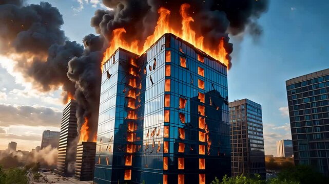 Tall Office Building Engulfed in Flames with Thick Smoke Rising from Multiple Floors in City Skyline