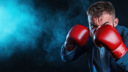 A fierce boxer with a determined expression stands ready for action, gloves up amidst a dramatic smoky backdrop, embodying strength and resilience in the sport of boxing.