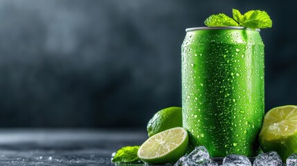 A refreshing green beverage can adorned with lime slices and mint, set against a dark background, ideal for hot days, symbolizing thirst-quenching enjoyment and summer vibes.