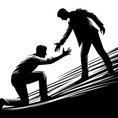 A black and white silhouette of a man extending a helping hand to another. A symbol of support. White isolated background. Vector graphics. EPS.