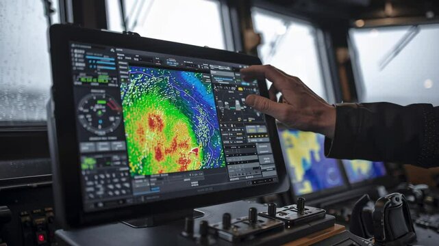 Ship captain using touchscreen navigation system displaying weather radar data, ensuring safe passage through challenging marine conditions on the bridge of a modern vessel