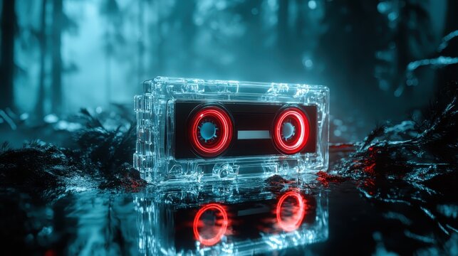 An illuminated, transparent cassette tape with glowing red reels sits amidst a mystical forest, creating a surreal and captivating atmosphere that evokes nostalgia.