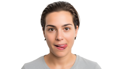 A woman with short hair and a gray shirt is sticking her tongue out against a black background lookin on transparent background