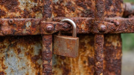 Close-up of a rusty padlock secured to aged iron bars, symbolizing security, confinement, or abandonment, Ideal for themes related to safety, neglect, or the passage of time in photography or design,