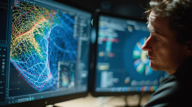 In a dark room, a marine engineer is working late at night, analyzing complex data displayed on multiple computer screens, focusing on a 3d model related to marine engineering