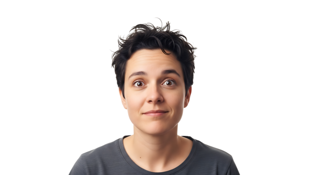 A person with short dark hair and wide eyes looking surprised against a black background in a studio shot on transparent background