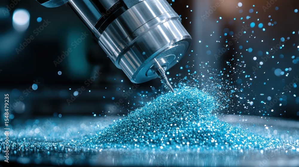 Poster this image captures a close-up of a precision machine directing blue granules sparkling under the li