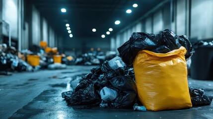 This image depicts a cluttered scene in an industrial space filled with garbage bags, capturing the chaos and challenges of waste management and urban byproducts.