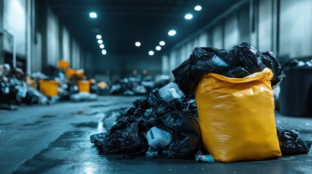 This image depicts a cluttered scene in an industrial space filled with garbage bags, capturing the chaos and challenges of waste management and urban byproducts.