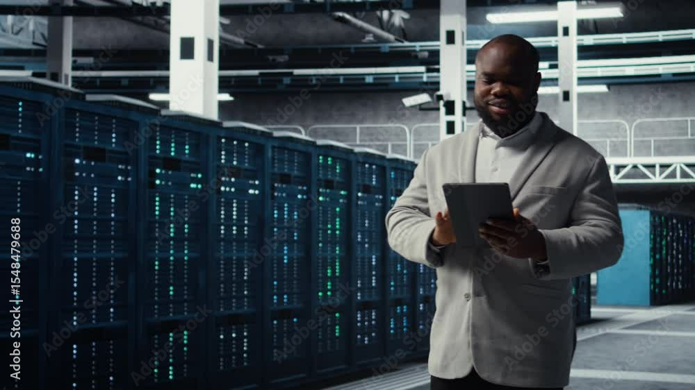 Poster server farm employee upgrading gear for increased processing and storage capacity. data center it pr