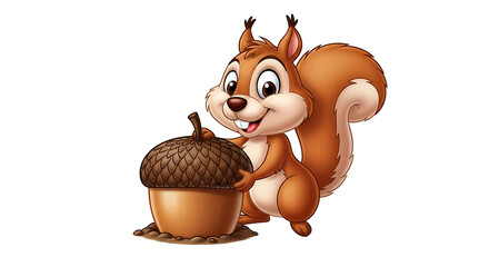Cartoon squirrel standing next to a large acorn with a happy expression on a black background scene on transparent background
