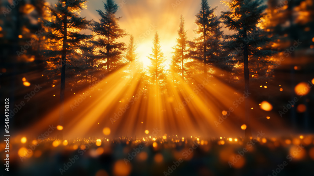 Poster sunlight streams through tall pine trees, casting a warm golden glow in a tranquil forest setting at