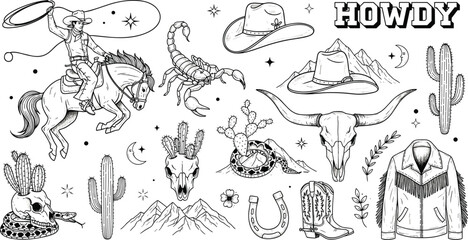 Vector set contains 45 black Western-themed icons, including cowboys, horses, desert landscapes, cacti,, skulls, boots, and stars.