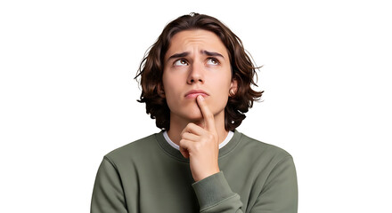 A thoughtful young man with long brown hair looking upwards with his finger on his chin in contemplation on transparent background