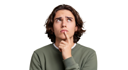 A thoughtful young man with long brown hair looking upwards with his finger on his chin in contemplation on transparent background