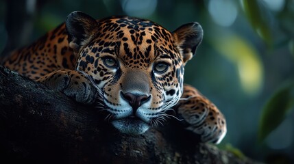 Fototapeta premium A majestic jaguar lounges on a tree branch, showcasing its striking coat and powerful presence, emphasizing the beauty and grace of this magnificent predator in nature.