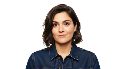Portrait of a woman with short brown hair wearing a blue denim jacket against a black background on transparent background