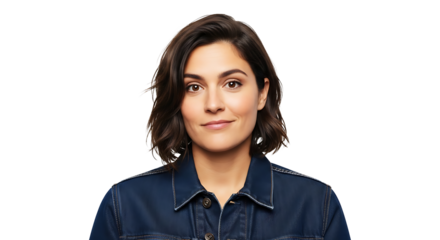 Portrait of a woman with short brown hair wearing a blue denim jacket against a black background on transparent background