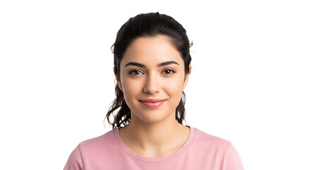 Close up shot of a young woman with dark hair smiling softly wearing a pink shirt against a black background on transparent background