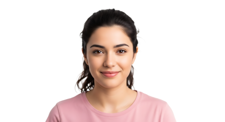 Close up shot of a young woman with dark hair smiling softly wearing a pink shirt against a black background on transparent background