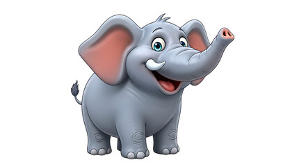 A cartoon elephant with big ears and tusks smiling on a black background in a full body shot view on transparent background