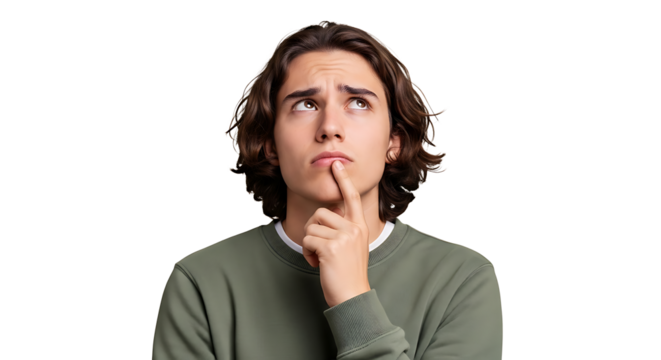 A thoughtful young man with long brown hair looking upwards with his finger on his chin in contemplation on transparent background