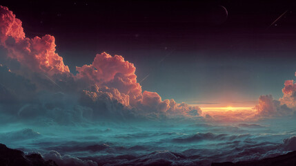Surreal Sunrise Over Glowing Cloudscape with Distant Planet