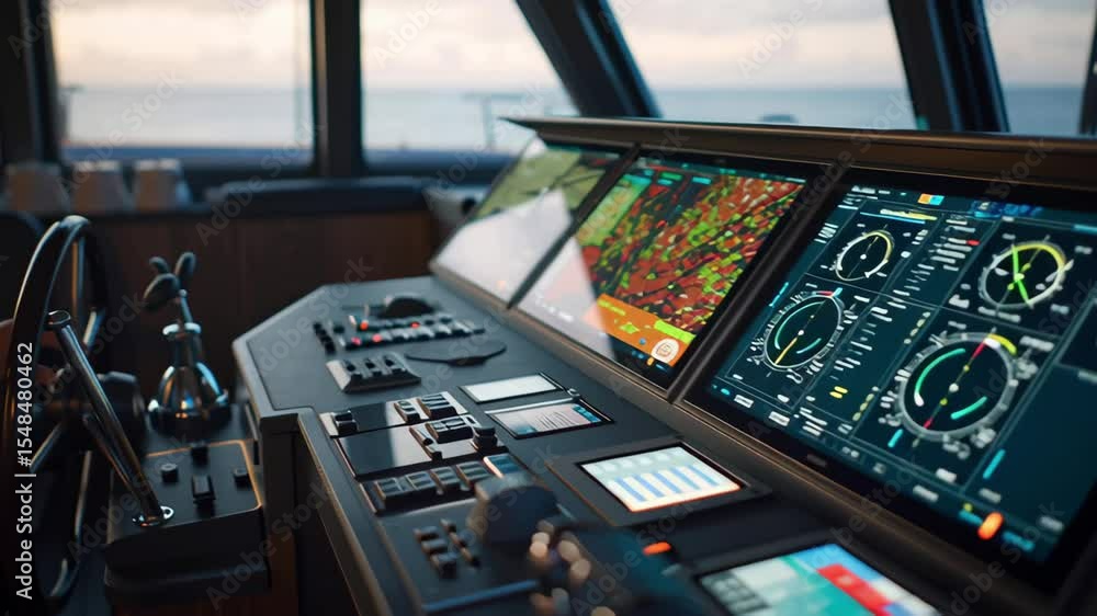 Poster multiple screens showcasing navigation charts, radar data, and ship systems information create a hig