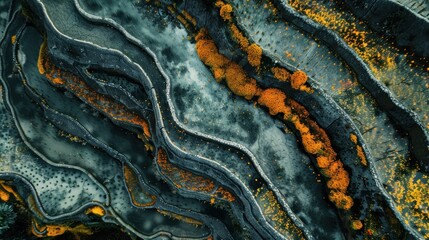 Overhead view of textured landscape with contrasting colors and abstract forms
