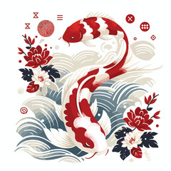 image of koi fish swimming relaxedly with a simple and minimalist flat design using a white background