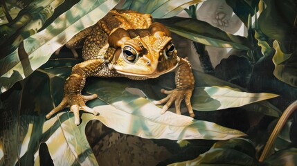 Detailed close up of a toad in its natural environment amidst green foliage