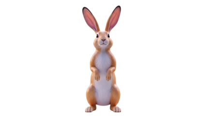 Cute Brown and White Rabbit Standing Upright with Large Ears on White Background