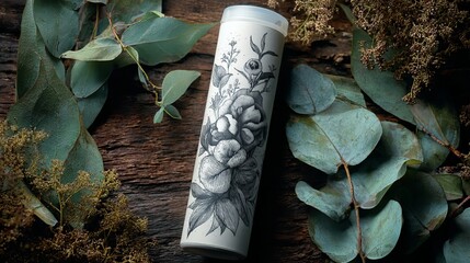 Elegant Floral Design on White Cylinder Botanical Illustration Eucalyptus Leaves Dark Wood Background Vintage Style Product Packaging Mockup Premium Quality Detailed Drawing art   