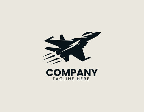 Military jet fighter flying in fast motion vector logo illustration for aviation branding