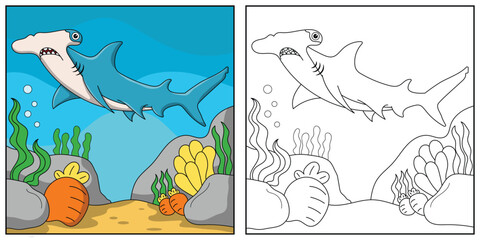 Cute cartoon Hummerhead shark, funny illustration, coloring book for kids and children.
