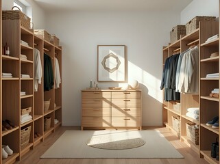 japandi style walk-in closet 3d render with geometric art and natural wood shelving in soft earthy palette