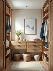 japandi style walk-in closet 3d render with geometric art and natural wood shelving in soft earthy palette