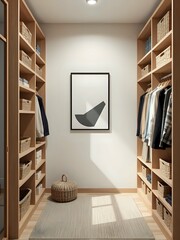 japandi style walk-in closet 3d render with geometric art and natural wood shelving in soft earthy palette